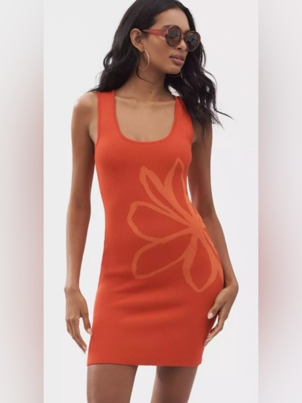 Anthropologie Orange Knit Mini Dress with Floral Motif